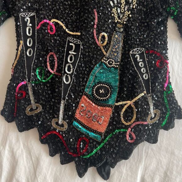 VTG Sz L Lawrence Kazar Silk Sequined New Years 2000 top shoulder pads y2k - Picture 14 of 16